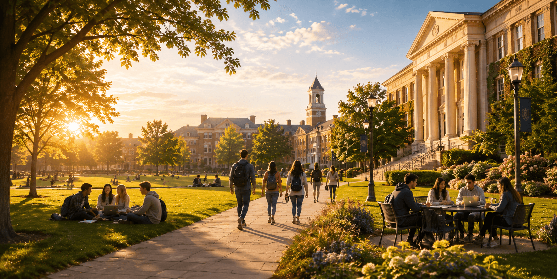 Students walking and studying on a university campus at sunset